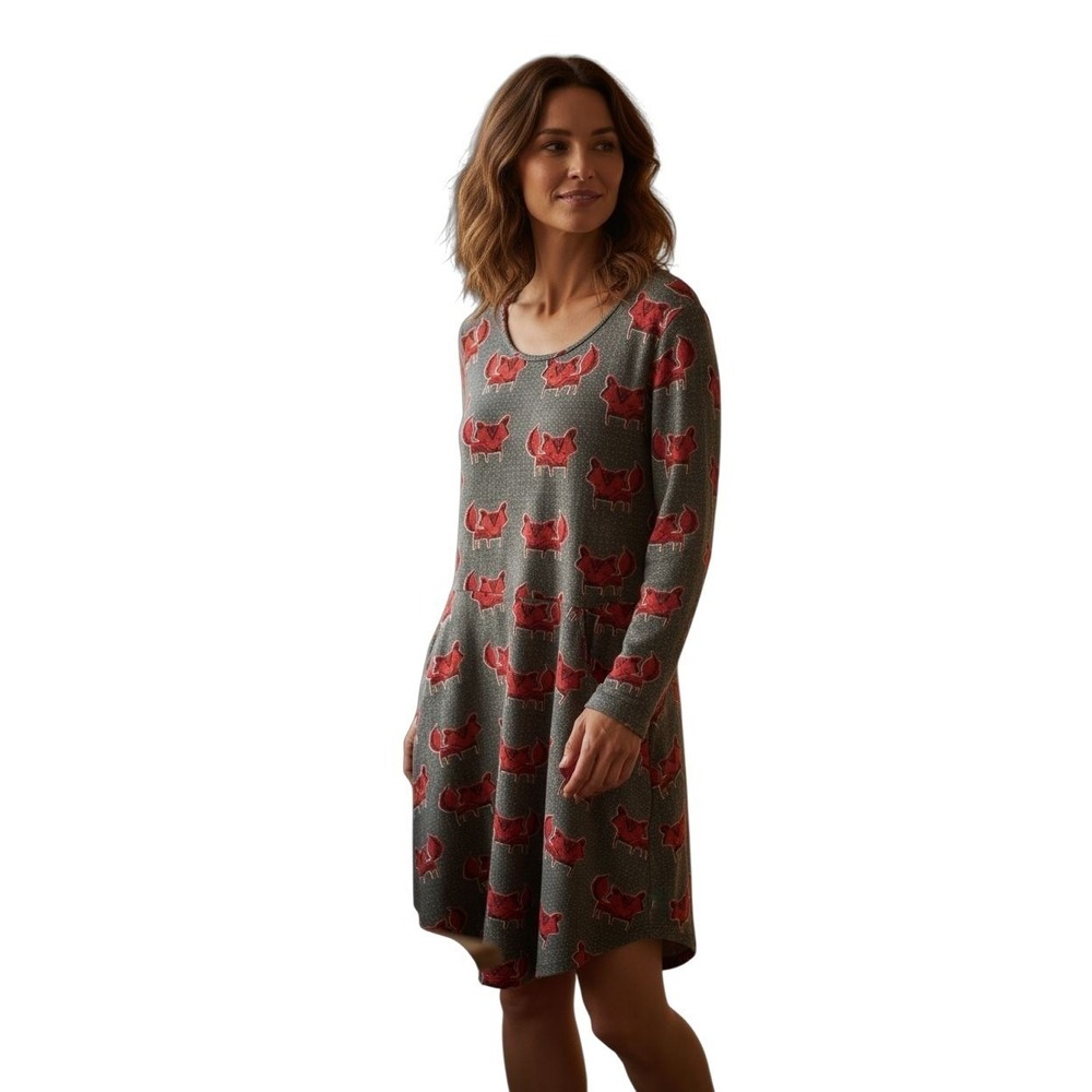 LA Soul Women's Long Sleeve Dress Red Fox Print Gray Knit Casual Large Pockets‎